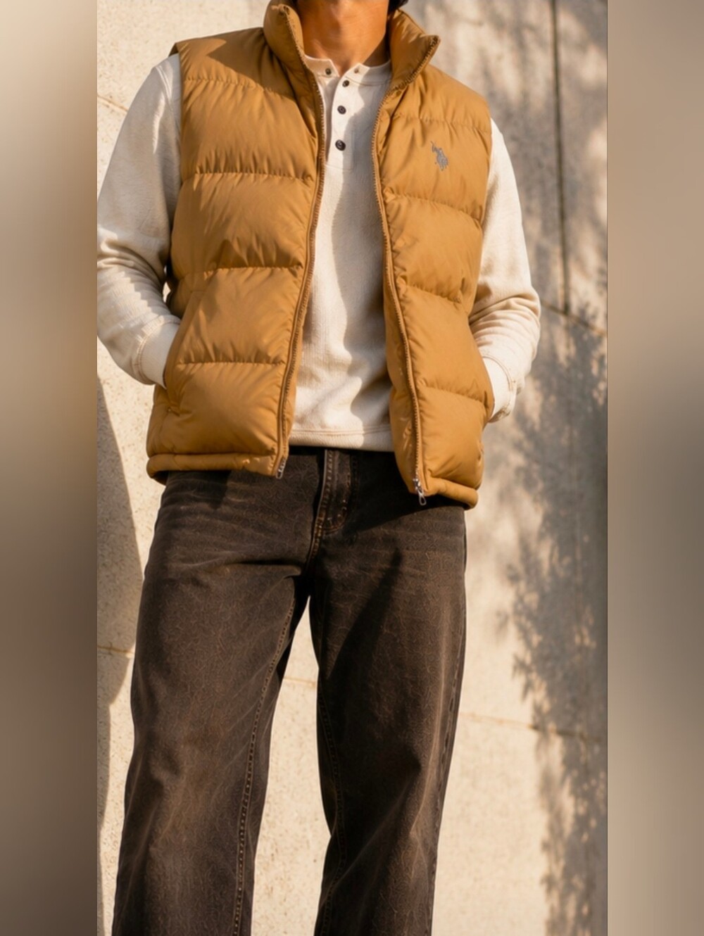 U.S. Polo Assn. Men’s Puffer Vest Medium Tan Khaki Full Zip Quilted
